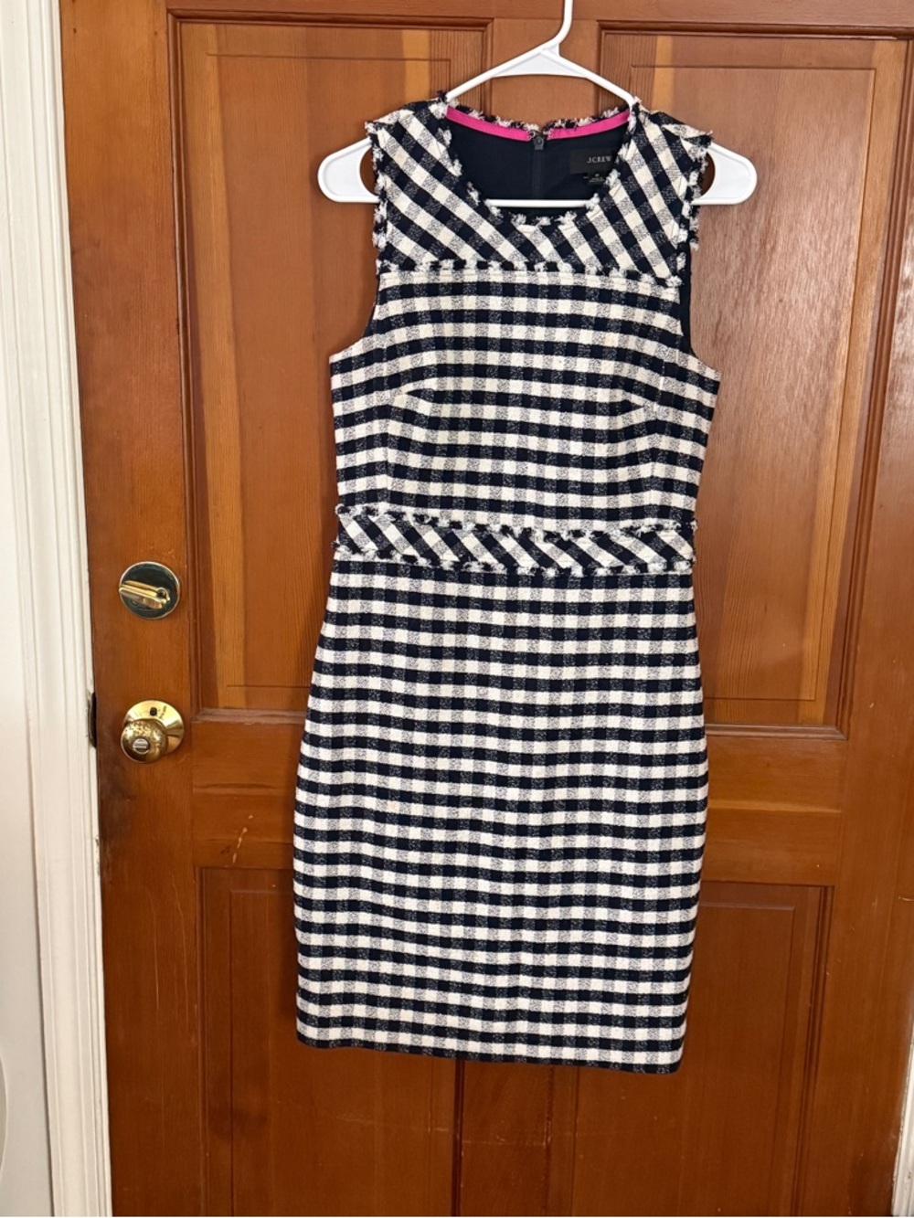 J. Crew Navy and White Gingham Midi Sheath Dress GUC